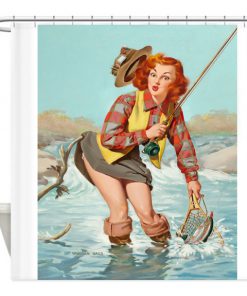 Pin Up Girl, Fishing, Vintage Poster shower curtain customized design for home decor AT