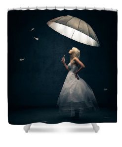 Girl With Umbrella And Falling Feathers Shower Curtain (AT)