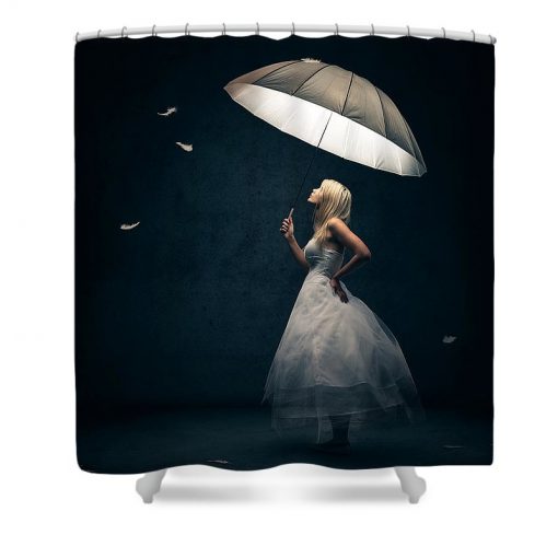 Girl With Umbrella And Falling Feathers Shower Curtain (AT)