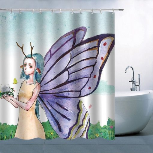 Blue Hair Purple Butterfly Wings Antler Bath Curtain Floor Mat Shower Curtains (AT)