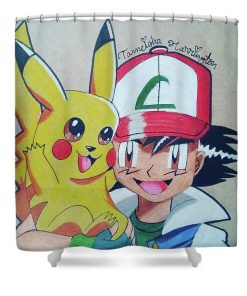 Colorful Shower Curtain featuring the drawing Ash And Pikachu (AT)