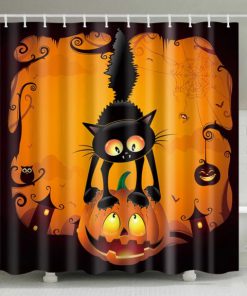 Halloween Pumpkin Cat Print Waterproof Bathroom Shower Curtain (AT)