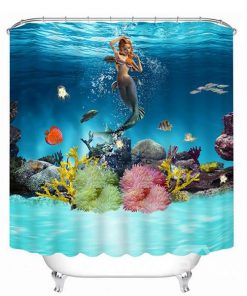 Swimming Mermaid and Fishes Printed Bathroom Shower Curtain (AT)