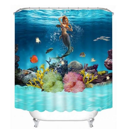 Swimming Mermaid and Fishes Printed Bathroom Shower Curtain (AT)