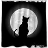 black cat sitting opposite to the moon in night of the Halloween Shower Curtain (AT)