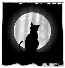 black cat sitting opposite to the moon in night of the Halloween Shower Curtain (AT)