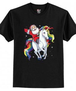Santa Clause Riding a Rainbow Unicorn Christmas Holiday T-Shirt (AT)