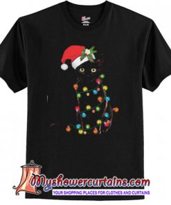 Santa Black Cat Tangled Up In Lights Christmas Santa GraphicT-Shirt SN