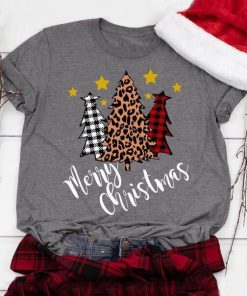 Plaid Leopard Printed Merry Christmas Trees t shirt RF02