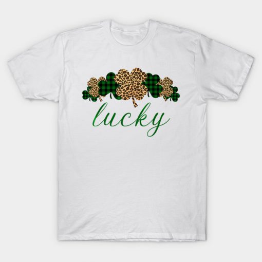 Buffalo Plaid Leopard Shamrock Clover Lucky St Patricks Day T-Shirt AI