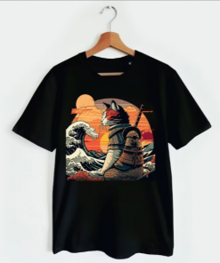Retro samurai Cat With Wave T-shirt AL